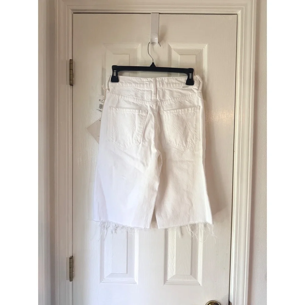 MOTHER The Maven Bermuda Fray Shorts Picket Fence White Rigid Denim Size 23 NEW